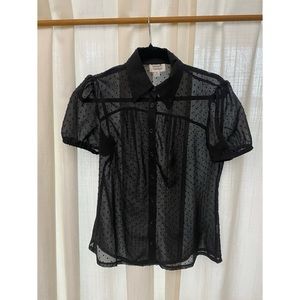 UNIQUE VINTAGE 1950s STYLE BLACK POLKA DOT SHORT SLEEVED SHEER BLOUSE SIZE M/6-8